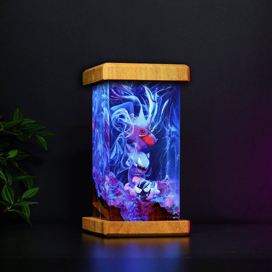 Unique Gengar Pokemon Night Light – Handmade Resin & Wood Color-Changing Lamp
