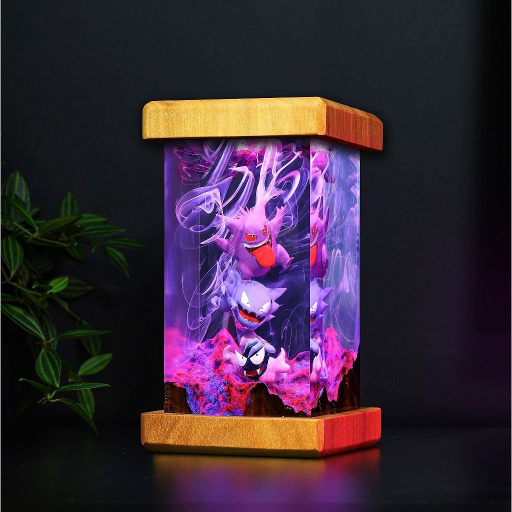 Unique Gengar Pokemon Night Light – Handmade Resin & Wood Color-Changing Lamp