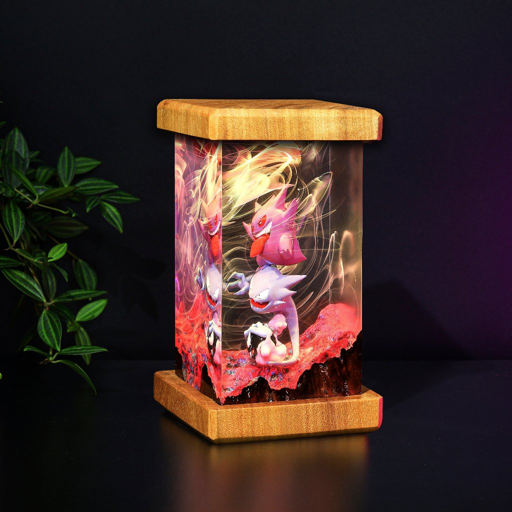 Unique Gengar Pokemon Night Light – Handmade Resin & Wood Color-Changing Lamp